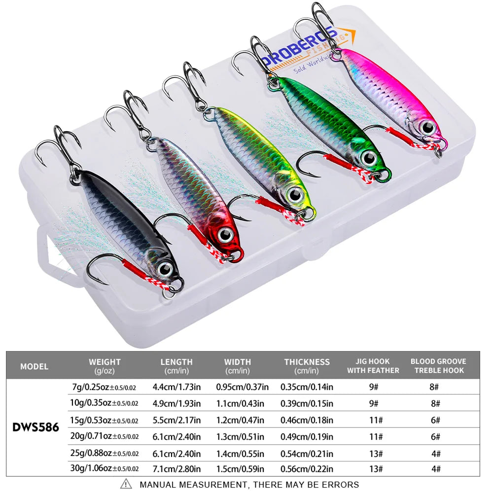 A white storage box holds a set of metal jig fishing lures with various colors and sizes.