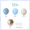 A collection of 12-inch latex confetti balloons in blue, light blue, and cream colors with two ribbons.