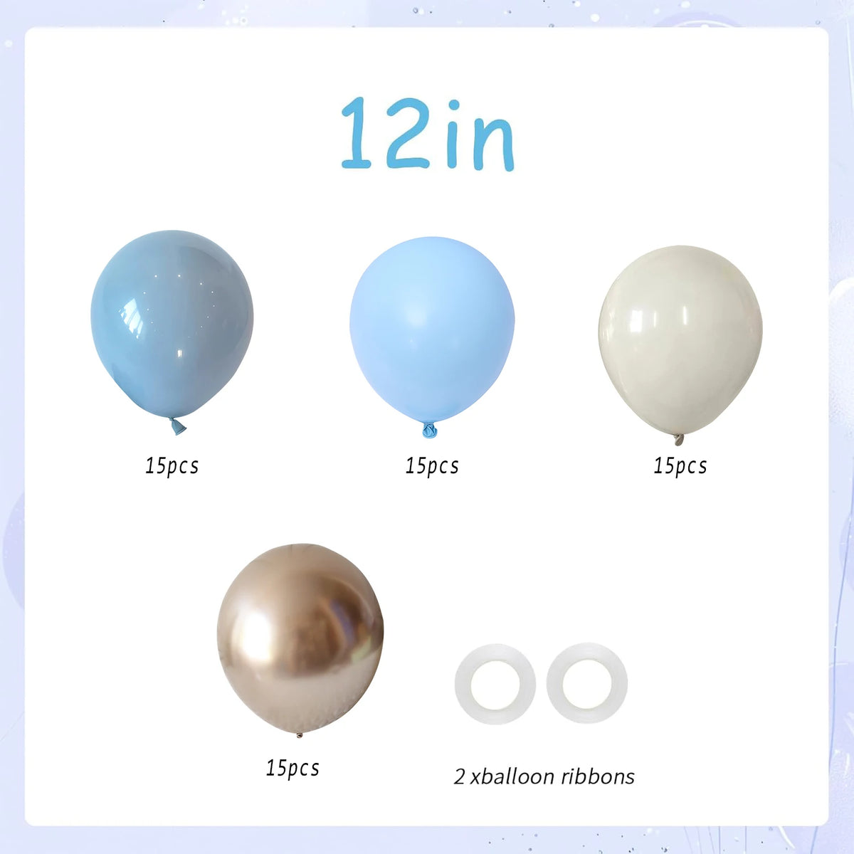 A collection of 12-inch latex confetti balloons in blue, light blue, and cream colors with two ribbons.