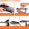 Step-by-step instructions showing how to install a wooden floating shelf organizer by removing brackets, drilling holes, and 