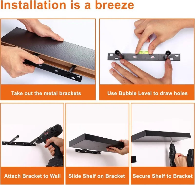 Step-by-step instructions showing how to install a wooden floating shelf organizer by removing brackets, drilling holes, and 