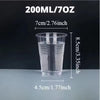 A transparent plastic cup is shown with dimensions and volume markings.