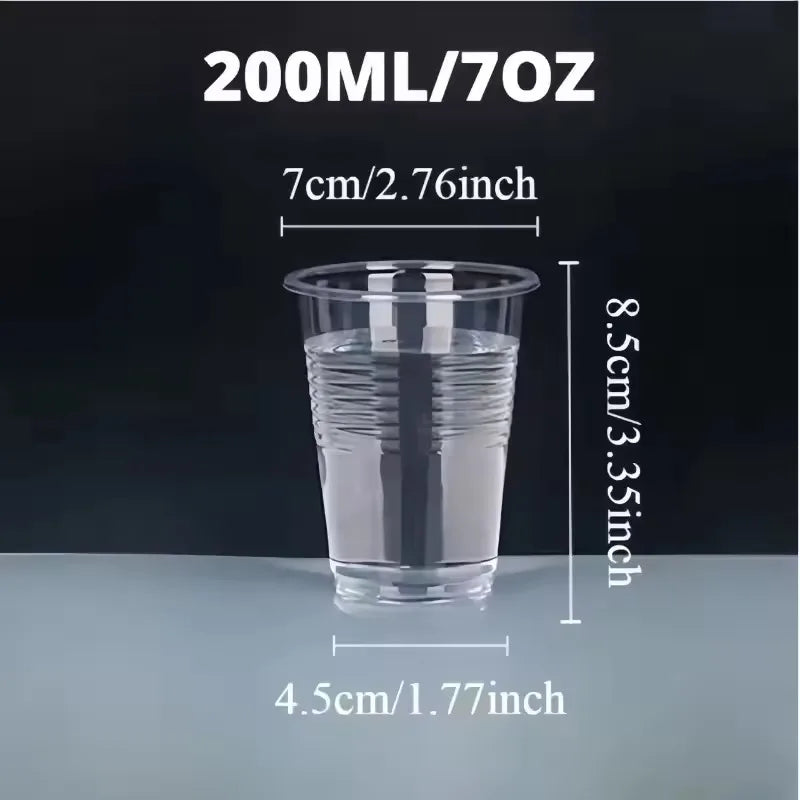 A transparent plastic cup is shown with dimensions and volume markings.