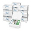 A stack of white kraft paper gift boxes tied with light blue ribbon bows.