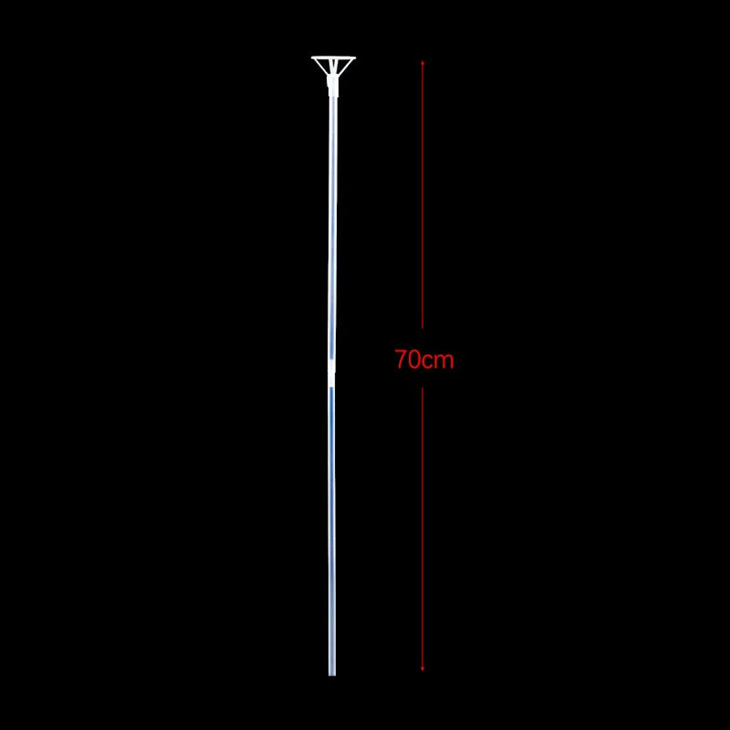 A vertical view of a transparent balloon holder stick with a 70cm measurement line.
