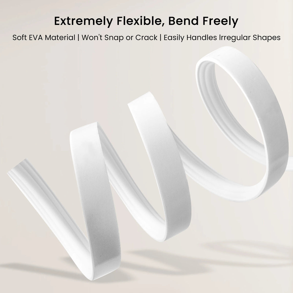 White self-adhesive EVA wall trim strips shown bending and curling to demonstrate flexibility