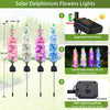 Four solar-powered delphinium flower lights with colorful LED strings and a rechargeable panel