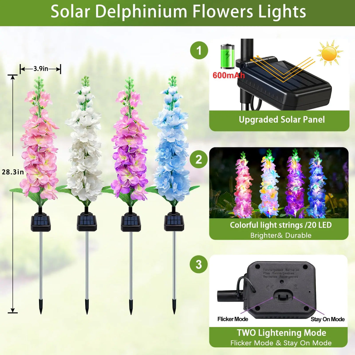 Four solar-powered delphinium flower lights with colorful LED strings and a rechargeable panel
