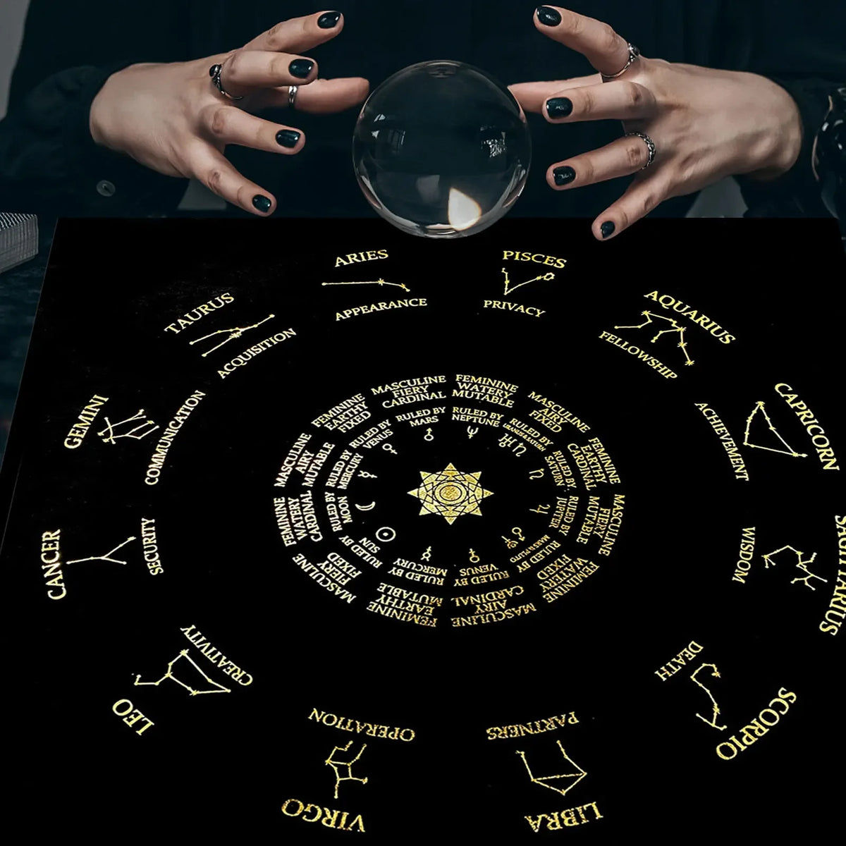 A dark velvet tablecloth featuring a pentagram tarot design with zodiac signs and planetary symbols.
