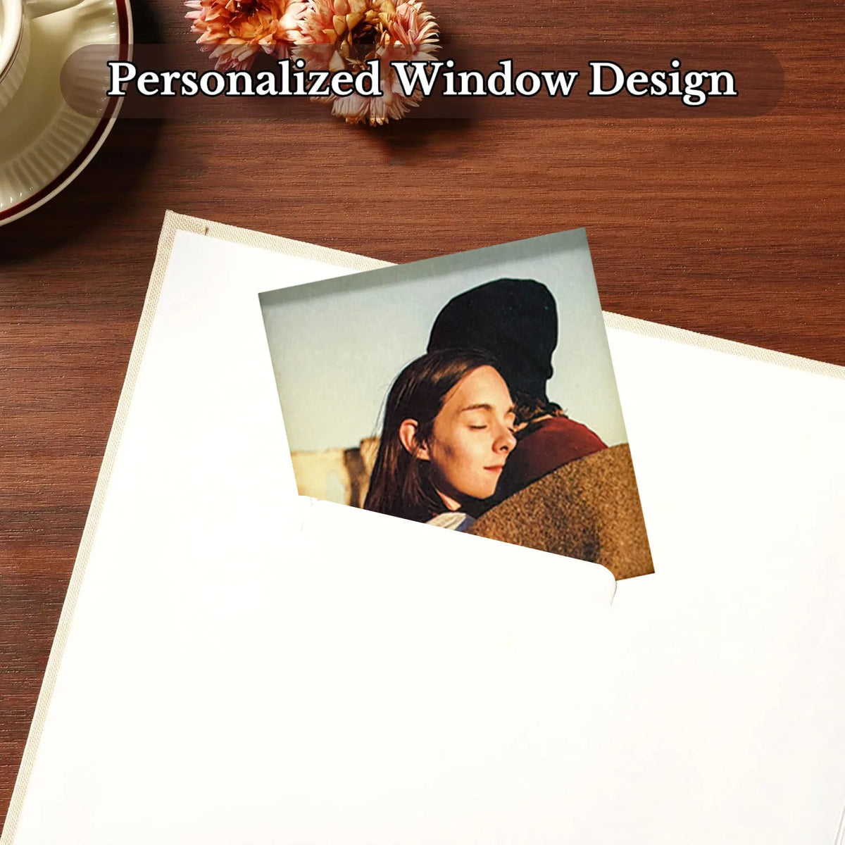 A personalized window design featuring a portrait of a woman in a dark hat and red clothing on a scrapbook page.