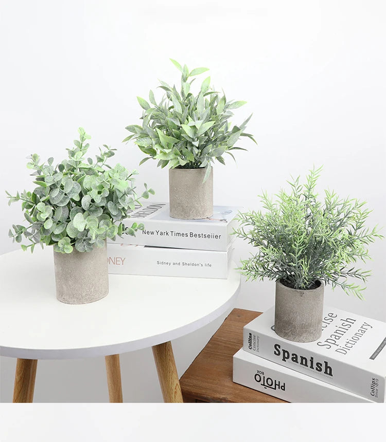 A potted green eucalyptus plant in a rustic gray ceramic pot displayed on a white table next to books.