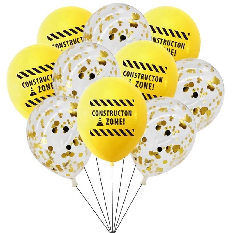 A bunch of yellow latex balloons with black text reading CONSTRUCT ZONE!