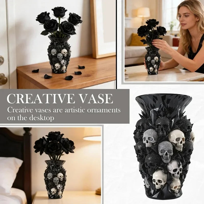 A black decorative vase filled with skulls and dark foliage on a wooden surface.
