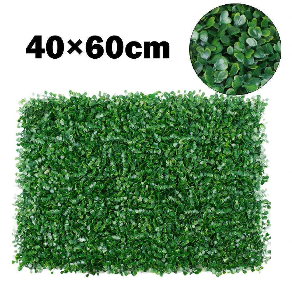 Green artificial grass hedge panels measuring 40x60cm for privacy and decoration