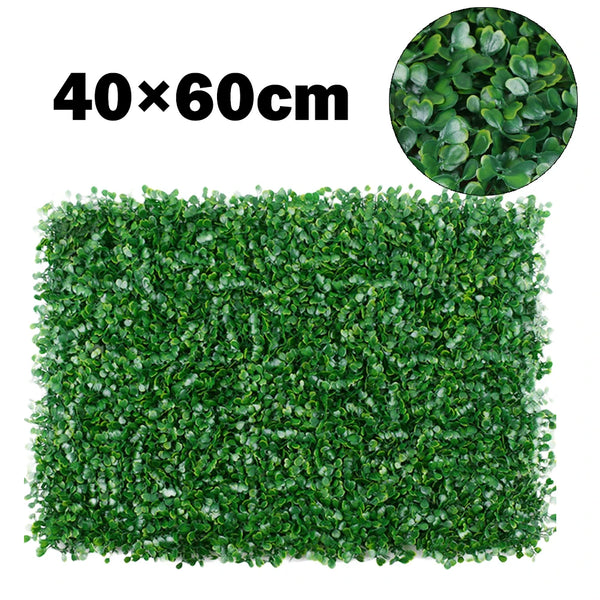 Green artificial grass hedge panels measuring 40x60cm for privacy and decoration