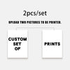 Two blank white photo prints are shown with instructions for uploading pictures to be printed.
