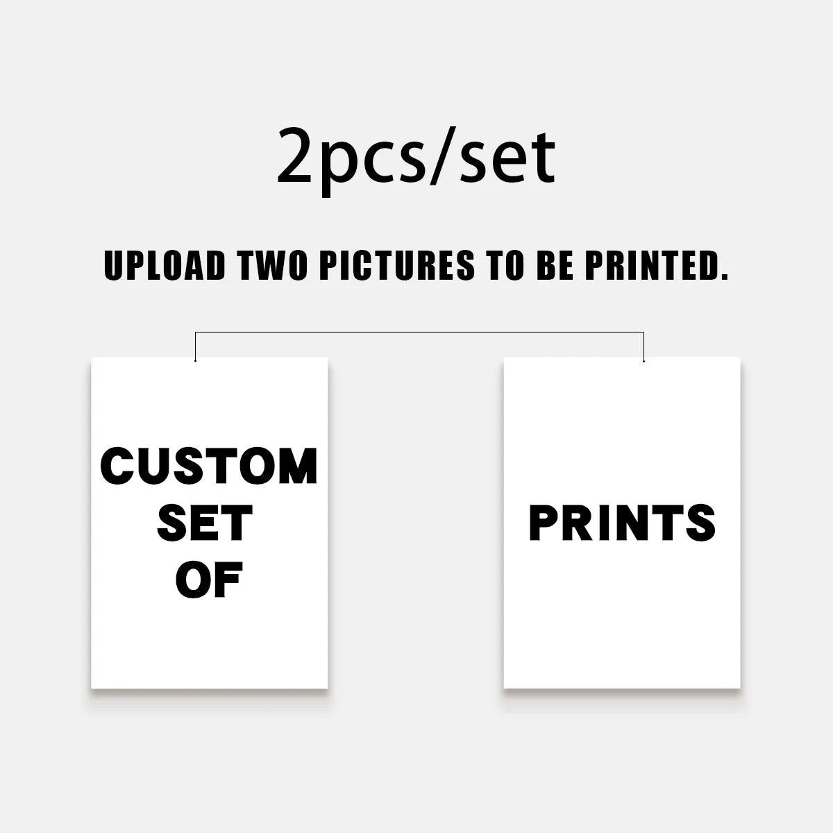Two blank white photo prints are shown with instructions for uploading pictures to be printed.