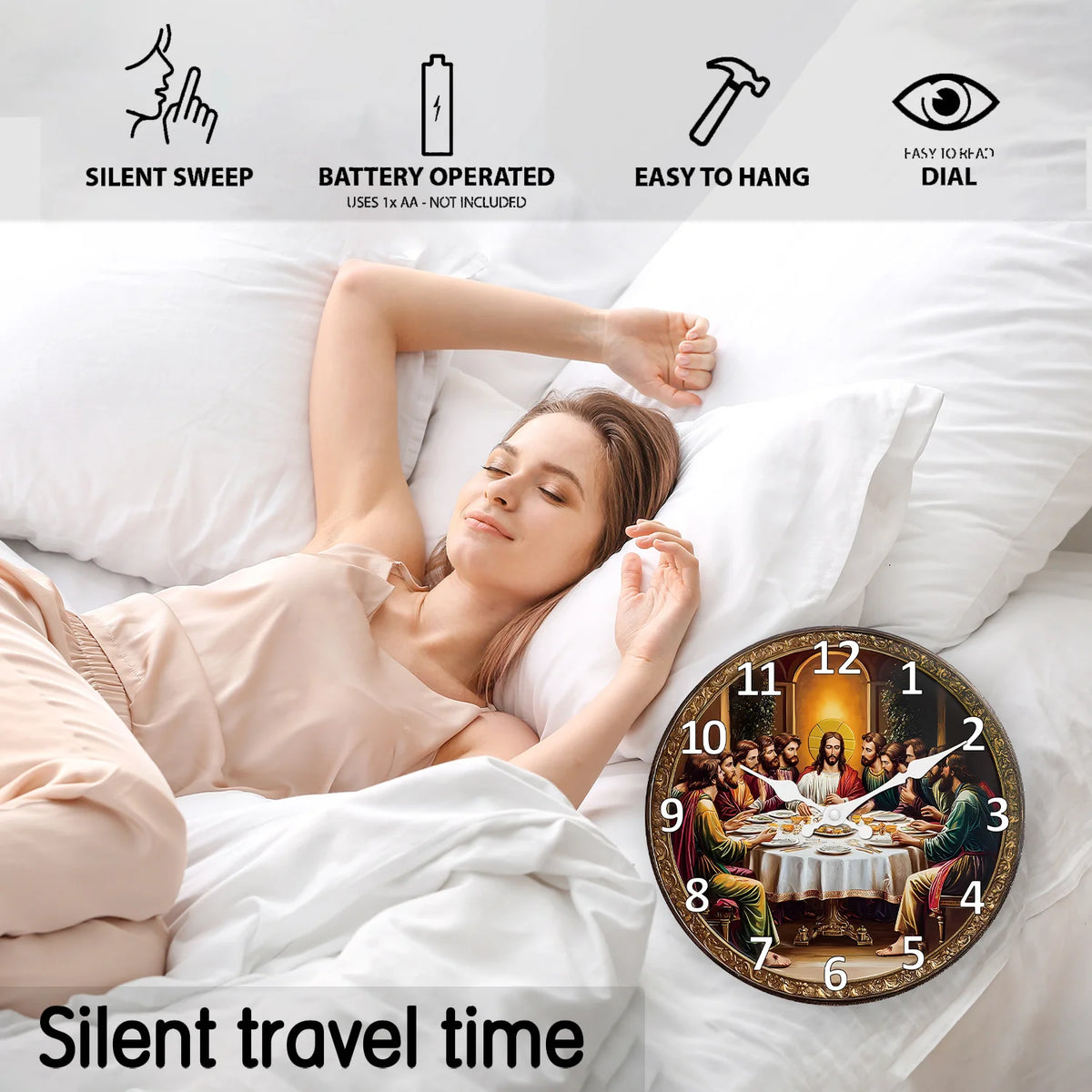 A vintage wooden wall clock depicting the Last Supper is shown resting on white bedding.
