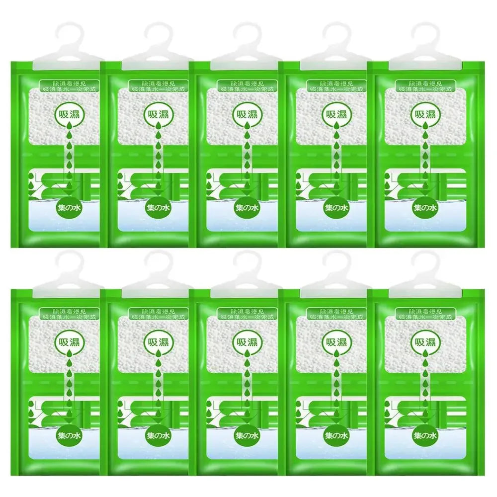 A pack of ten hanging moisture absorber bags in green, designed for closets and wardrobes.