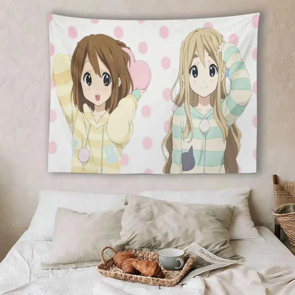 Anime wall hanging featuring two female characters in pink and green tones on a white background
