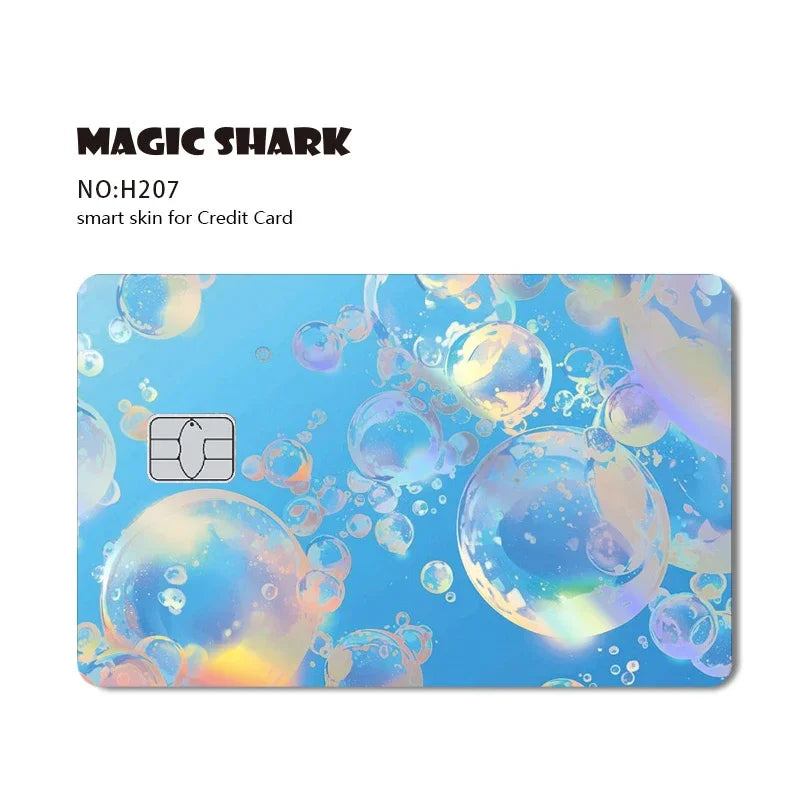 A blue holographic card featuring a shark design for a credit card skin.