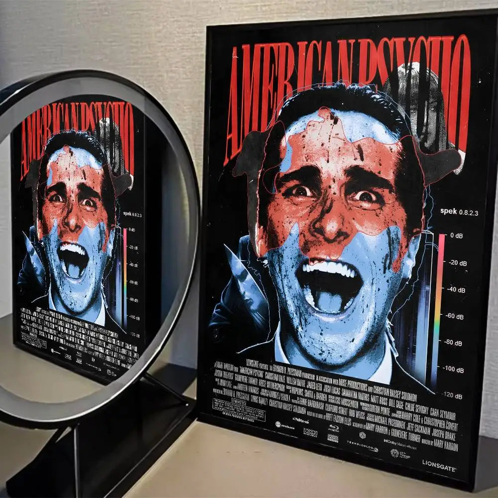 A movie poster for American Psycho featuring Christian Bale's face with blood effects.