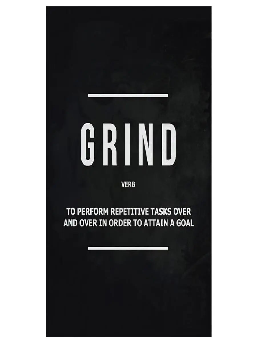 Black canvas wall art with the word GRIND in white text and a definition below it.