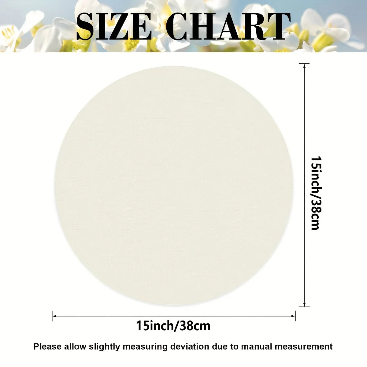 Size chart showing the dimensions of a round placemat, 15 inches by 38 cm.