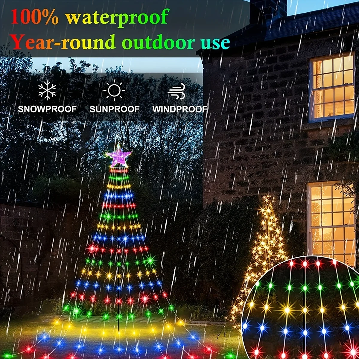 Outdoor lights resembling a star waterfall display on a garden, showing various colored lights.