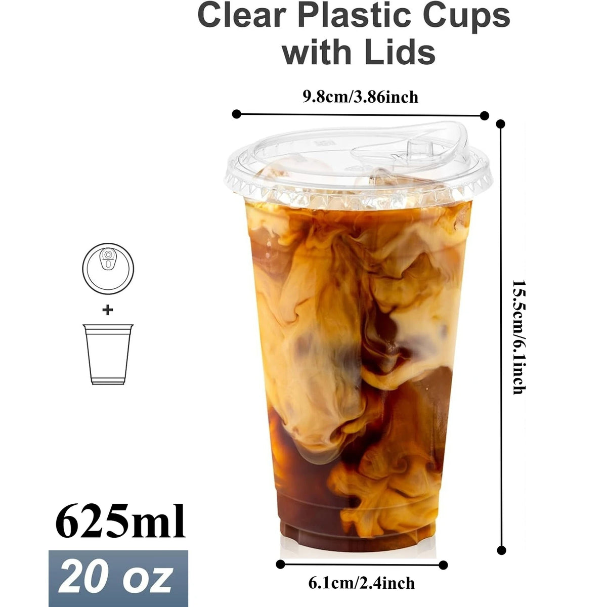 A clear plastic cup with a lid filled with iced coffee or tea, showing the liquid and ice inside.