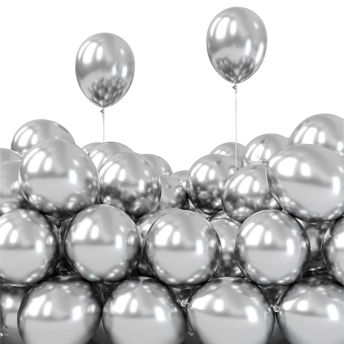 A cluster of chrome metallic balloons floating against a white background.