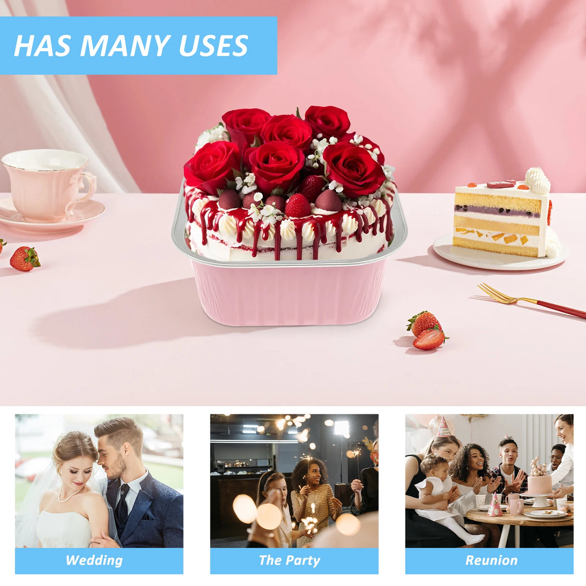 A pink layer cake decorated with red roses and fruit is displayed on a table, with images showing wedding, party, and reunion
