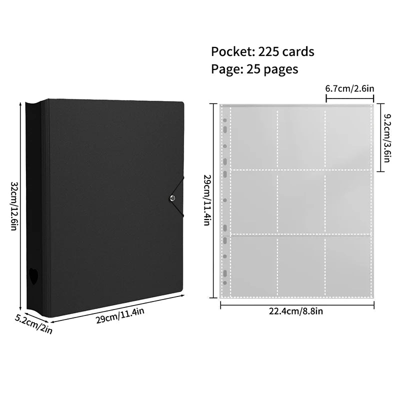 A black photo card binder with a pocket for 225 cards and 25 pages.