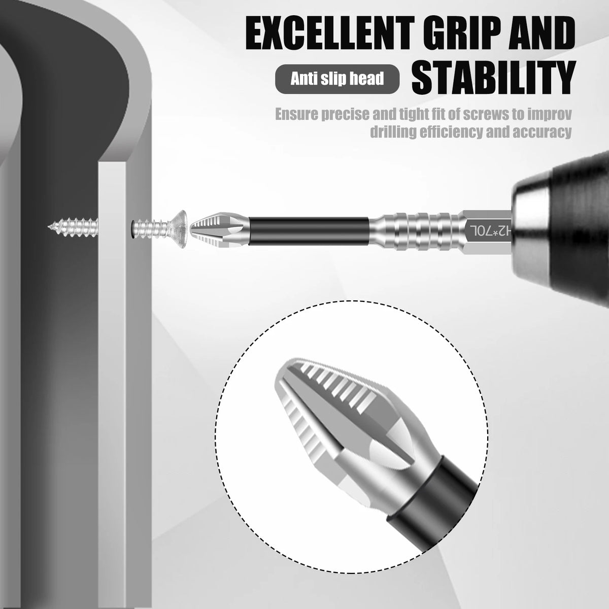 An impact screwdriver bit is shown being used to drive a screw into a material, emphasizing grip and stability.