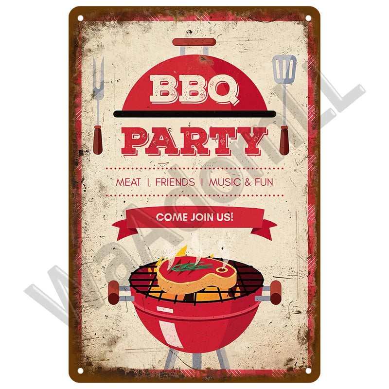 A vintage-style metal sign advertising a BBQ party with text like BBQ PARTY and Meat Friends Music & Fun featuring a grill il