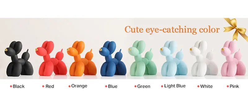 A collection of cute eye-catching colored balloon dog resin sculptures in black, red, orange, blue, green, light blue, white,