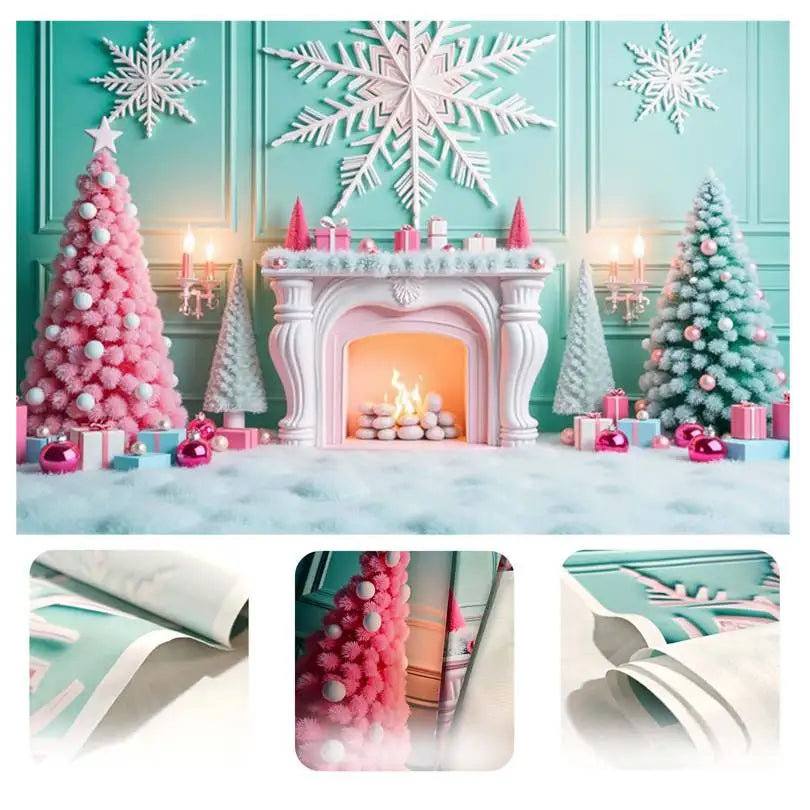 A festive teal and pink Christmas-themed photography backdrop featuring a fireplace, decorated trees, and snowy elements.