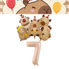 A set of cute capybara-themed birthday party decorations including plush animals and a large number balloon.