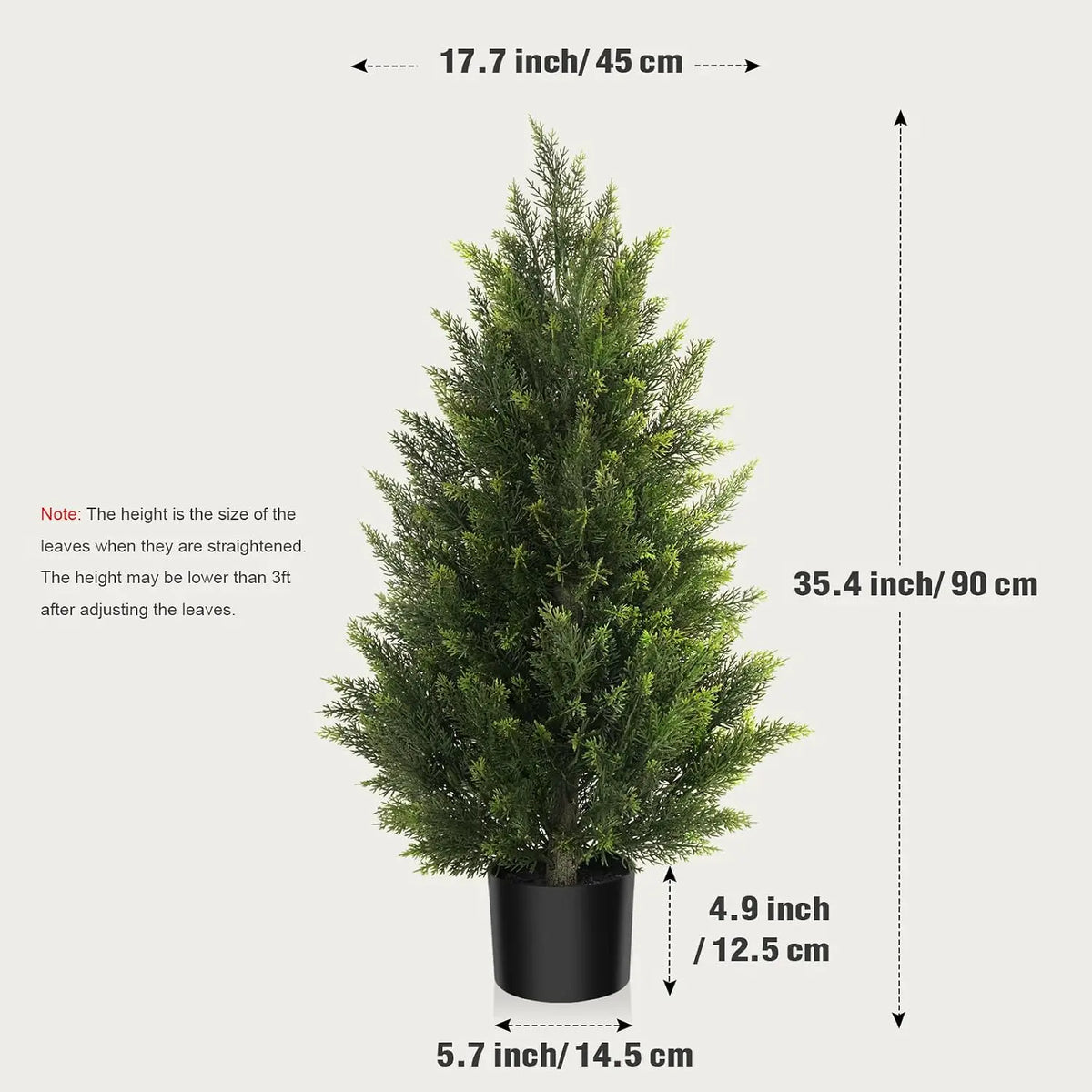 A tall artificial cedar topiary tree in a black pot, measuring 35.4 inches high.