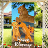 A digital illustration of a large lion and a small cub celebrating a happy birthday with text on a door cover backdrop.