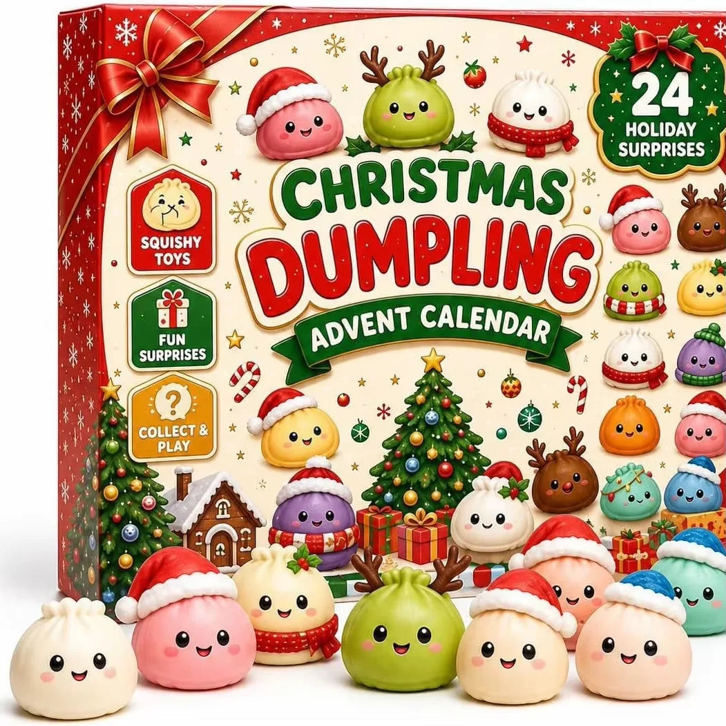 A box of Christmas Dumpling Advent Calendar featuring 24 squishy toys and festive holiday surprises.