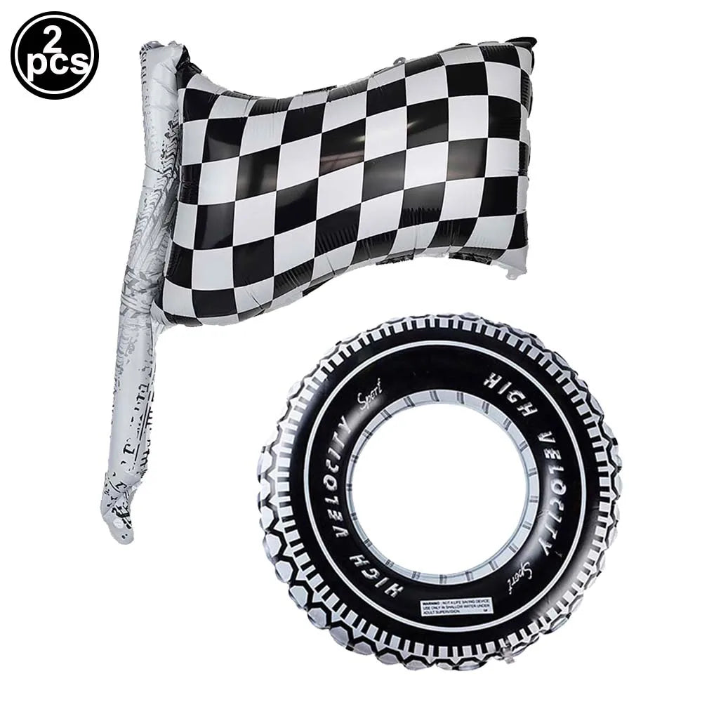 A black and white checkered race car number balloon for birthday party decorations