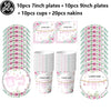 A set of pink and green floral plates, cups, and napkins for a baby shower decor