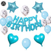 A set of pink and blue foil letter balloons and star shaped balloons for a birthday party decoration.
