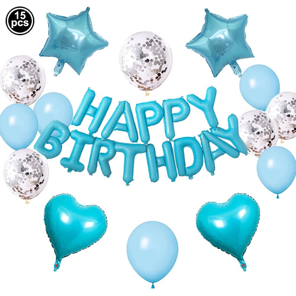 A set of pink and blue foil letter balloons and star shaped balloons for a birthday party decoration.