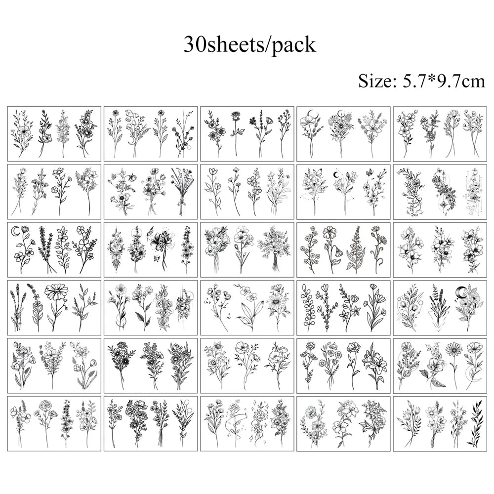 A sheet of 30 botanical line art stickers for temporary body art.