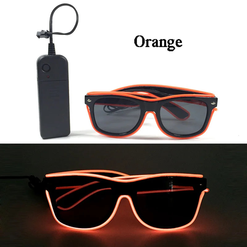 Orange light up EL wire party glasses shown in a pair and with their power cord.