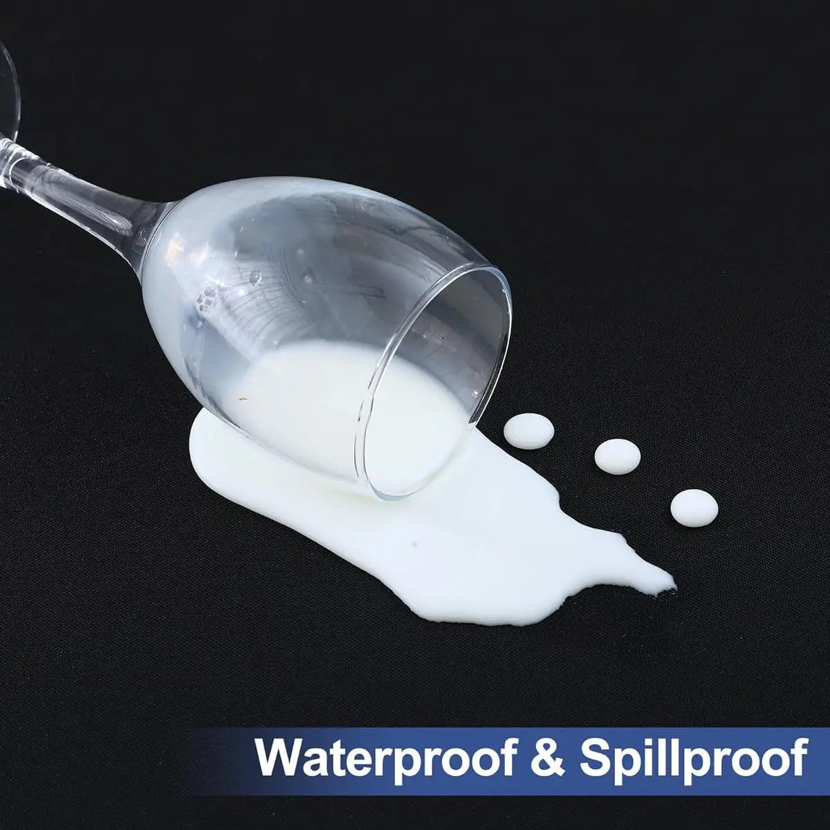 A clear glass bottle is shown pouring white liquid onto a dark surface, demonstrating waterproof and spillproof properties.