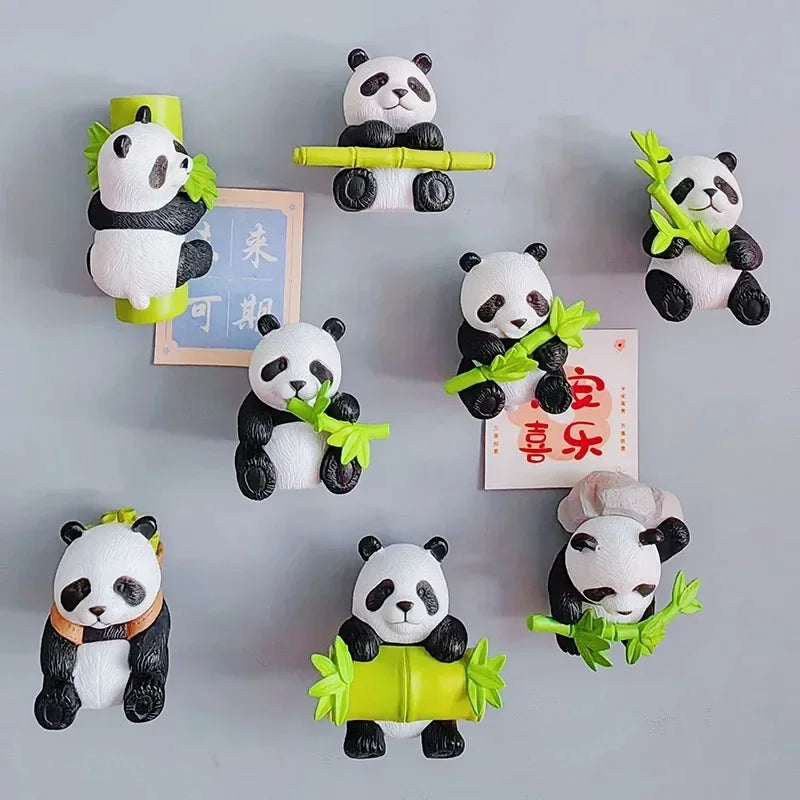 A collection of cute panda-themed fridge magnets featuring various poses and green accents.