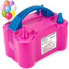 A pink electric balloon pump with a blue handle and multiple balloons visible.